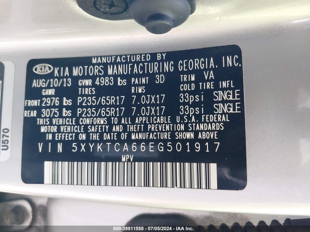 KIA SORENTO LX 2014 5XYKTCA66EG501917 Image 9