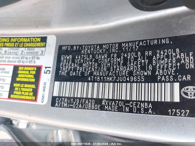 Toyota CAMRY LE 2018 4T1B11HK7JU049655 Image 9