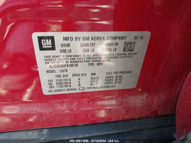 Chevrolet Trax 1ls 2015 KL7CJKSB8FB186739 Image 9