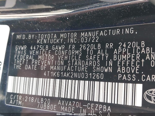 Toyota CAMRY XSE 2022 4T1K61AK2NU031260 Image 9