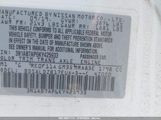 Nissan SENTRA SV 2019 3N1AB7AP6KY425933 Image 9