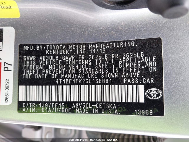 Toyota CAMRY SE 2016 4T1BF1FK2GU166881 Image 9