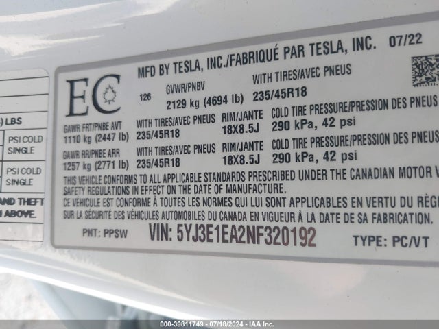 2022 TESLA MODEL 3 5YJ3E1EA2NF320192 Photo 8