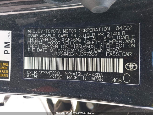Toyota COROLLA SE 2022 JTDS4MCE4NJ097362 Image 9