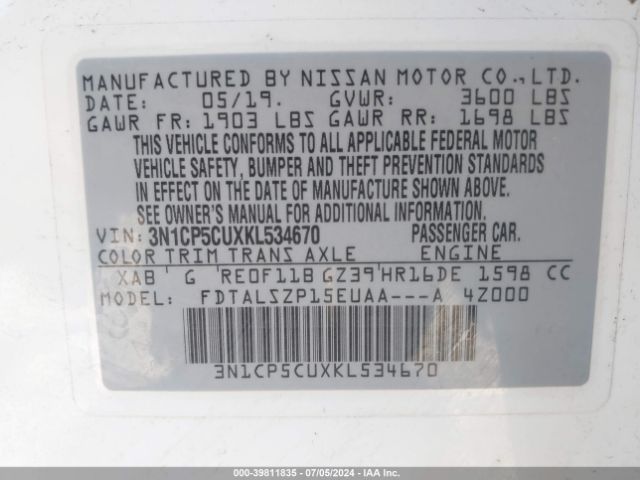 3N1CP5CUXKL534670 Nissan KICKS SV