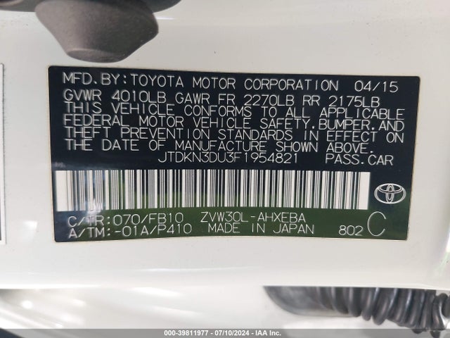 Toyota Prius Three 2015 JTDKN3DU3F1954821 Image 9