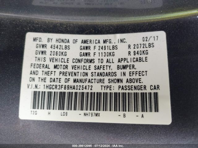 1HGCR3F89HA025472 Honda Accord Ex-l V6