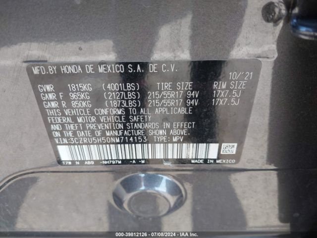 3CZRU5H50NM714153 Honda Hr-v 2wd Ex