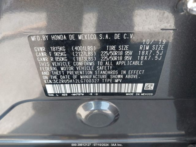 3CZRU5H12LG700327 Honda Hr-v 2wd Sport