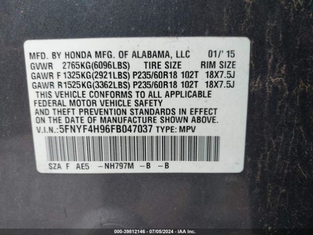 5FNYF4H96FB047037 Honda Pilot Touring