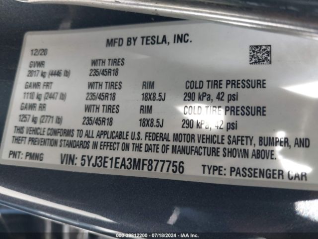 5YJ3E1EA3MF877756 Tesla Model 3 Standard Range Plus Rear-wheel Drive