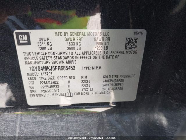 1GYS4MKJ6FR685453 Cadillac Escalade Luxury