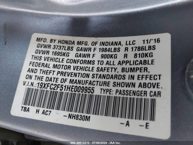 Honda Civic Lx 2017 19XFC2F51HE009955 Image 9