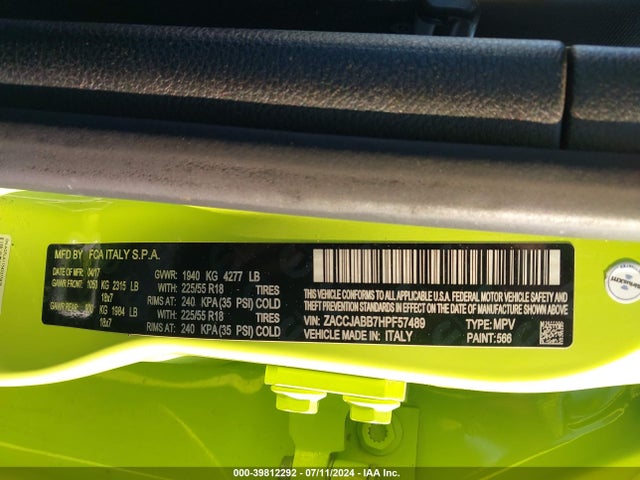 ZACCJABB7HPF57489 Jeep Renegade Altitude Fwd