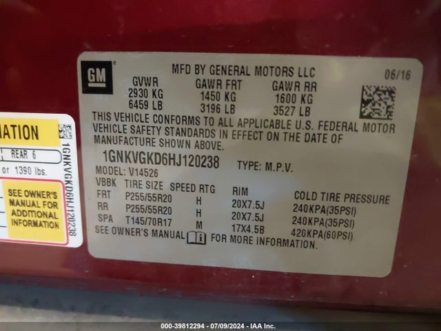 Chevrolet Traverse 1lt 2017 1GNKVGKD6HJ120238 Image 9