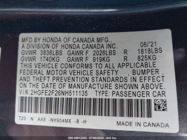 2HGFE2F26NH511135 Honda Civic Lx