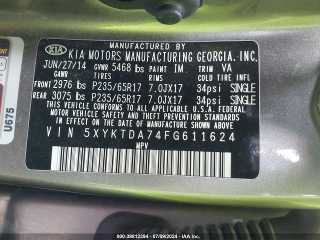 KIA Sorento Lx V6 2015 5XYKTDA74FG611624 Image 9