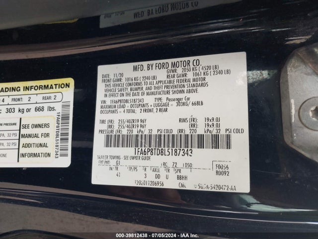 Ford Mustang Ecoboost Premium Fastback 2020 1FA6P8TD8L5187343 Image 9