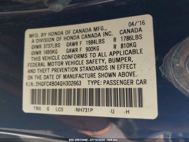 Honda Civic Lx-p 2016 2HGFC4B04GH302663 Image 9