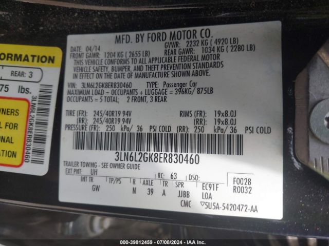 3LN6L2GK8ER830460 Lincoln MKZ