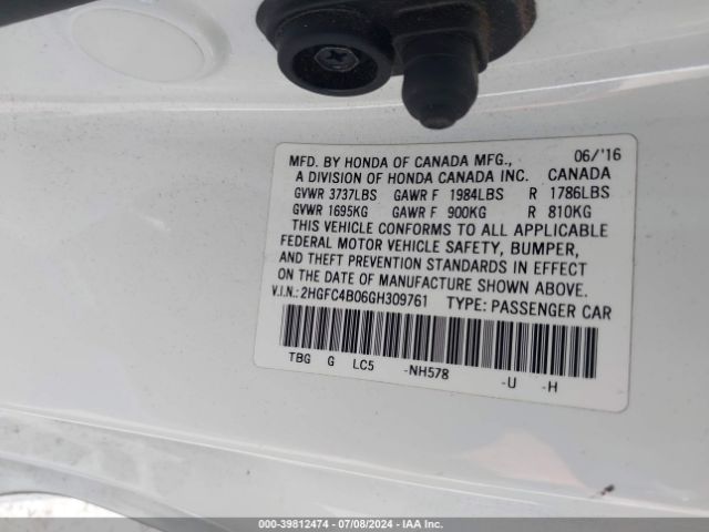 2HGFC4B06GH309761 Honda Civic Lx-p