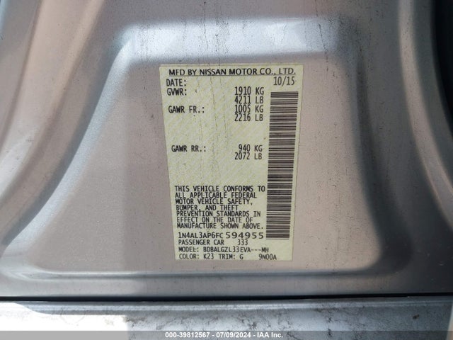 Nissan Altima 2.5 S 2015 1N4AL3AP6FC594955 Image 9