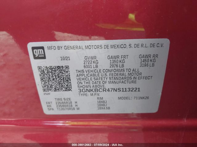 3GNKBCR47NS113221 Chevrolet Blazer Fwd 2lt