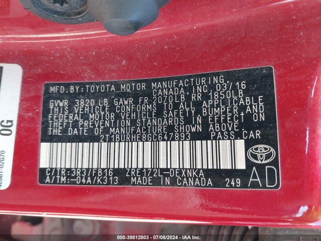 Toyota COROLLA LE 2016 2T1BURHE8GC647893 Image 9