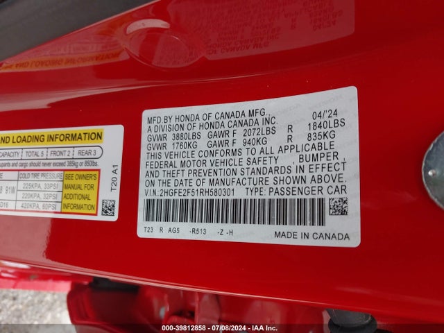 Honda Civic Sport 2024 2HGFE2F51RH580301 Image 17