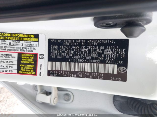 4T1B61HK4KU293833 Toyota CAMRY XSE