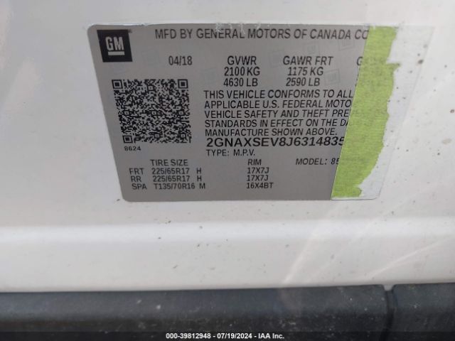 2GNAXSEV8J6314835 Chevrolet EQUINOX LT