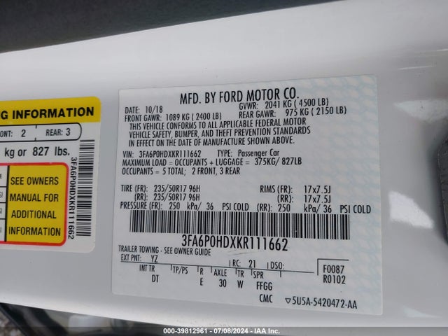 Ford FUSION SE 2019 3FA6P0HDXKR111662 Image 9
