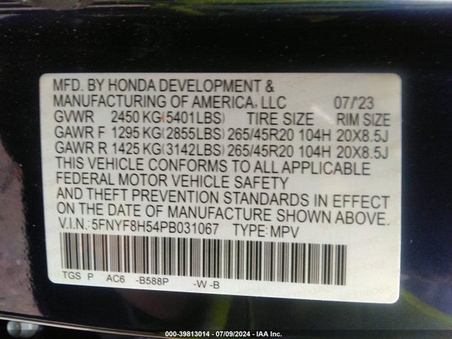 Honda Passport Awd Ex-l 2023 5FNYF8H54PB031067 Image 9