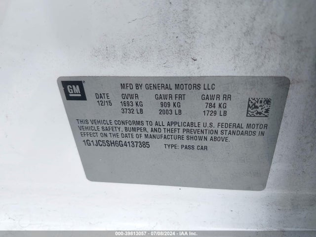 Chevrolet Sonic Lt Auto 2016 1G1JC5SH6G4137385 Image 9