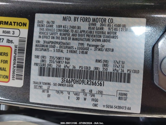 Ford FUSION SE 2020 3FA6P0HD9LR266561 Image 9