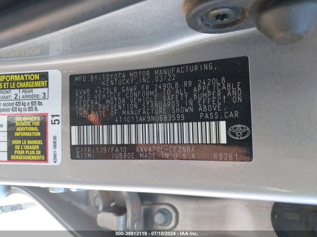 Toyota CAMRY LE 2022 4T1C11AK9NU683599 Image 9