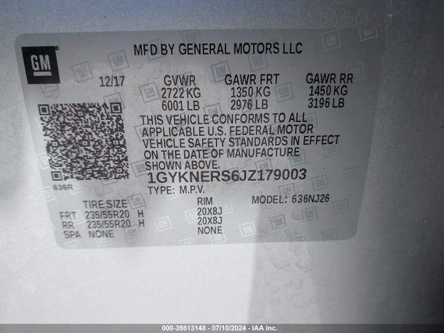 1GYKNERS6JZ179003 Cadillac Xt5 Premium Luxury