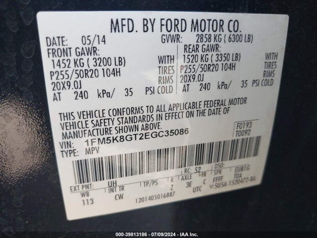 Ford EXPLORER SPORT 2014 1FM5K8GT2EGC35086 Image 9