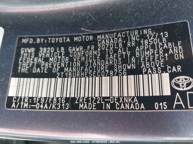 Toyota COROLLA LE 2014 2T1BURHE5EC078756 Image 9