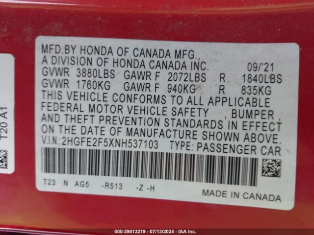 2HGFE2F5XNH537103 Honda Civic Sport