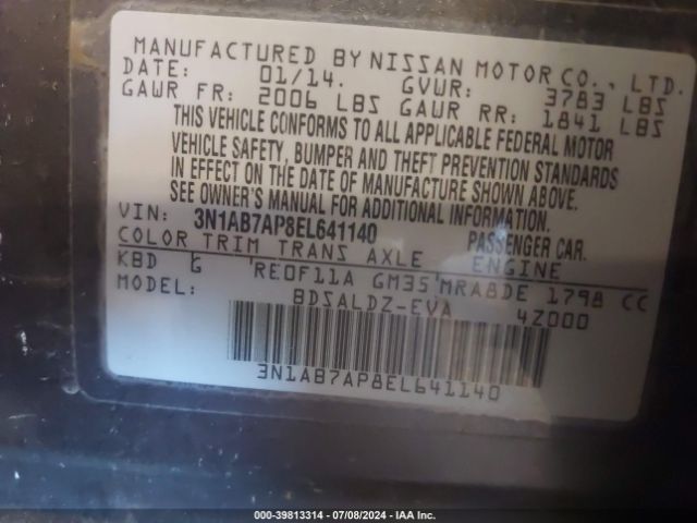 3N1AB7AP8EL641140 Nissan Sentra Fe+ S/fe+ Sv/s/sl/sr/sv