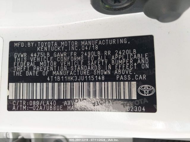 4T1B11HK3JU115148 Toyota CAMRY XLE