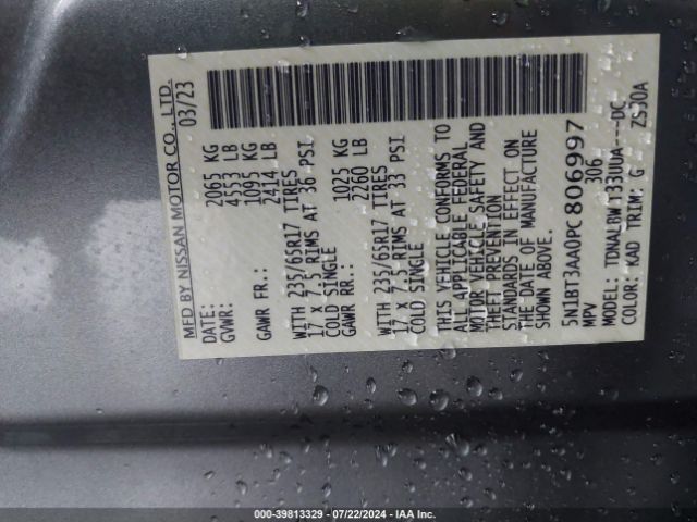 5N1BT3AA0PC806997 Nissan Rogue S Fwd