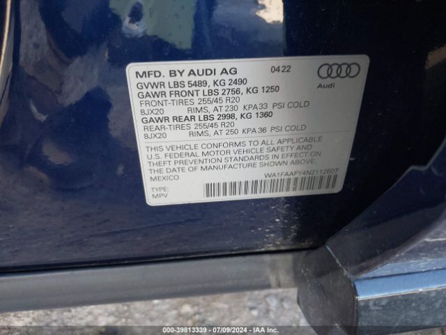 WA1FAAFY4N2112607 Audi Q5 Prestige 45 Tfsi S Line Quattro S Tronic