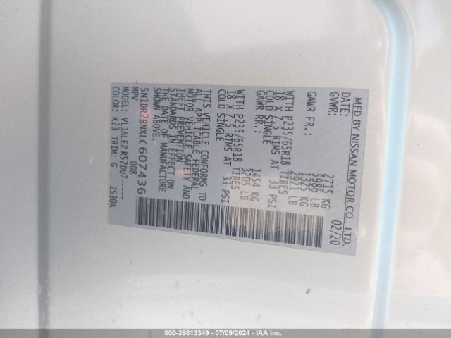 5N1DR2BNXLC607436 Nissan Pathfinder Sv 2wd