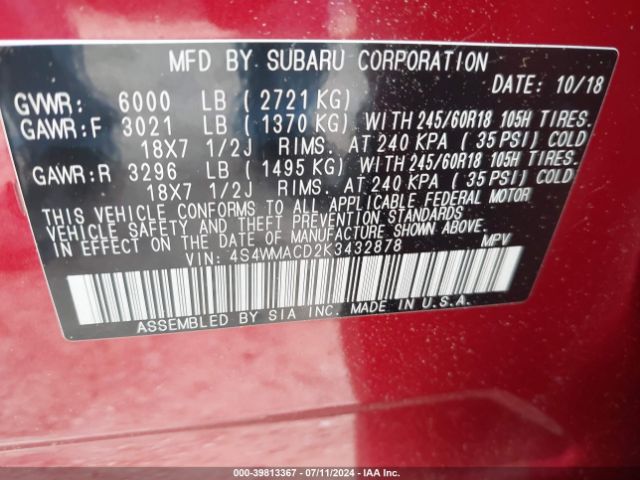 4S4WMACD2K3432878 Subaru Ascent Premium