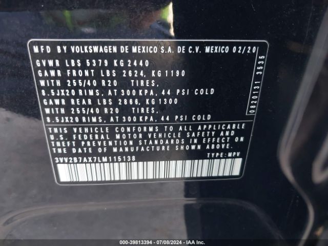 3VV2B7AX7LM115138 Volkswagen Tiguan 2.0t Se/2.0t Se R-line Black/2.0t Sel