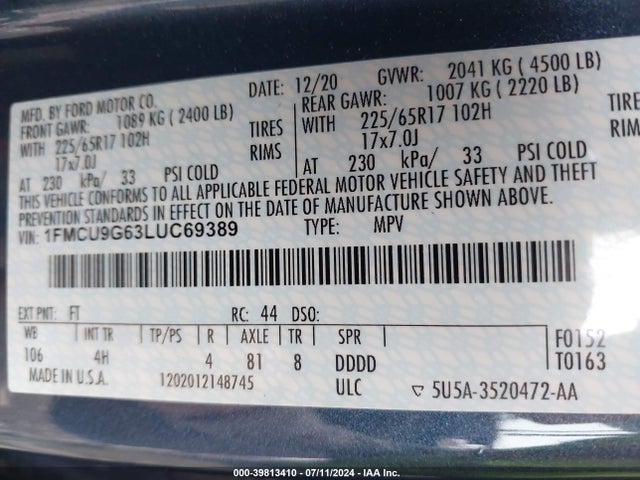 Ford ESCAPE SE 2020 1FMCU9G63LUC69389 Image 9