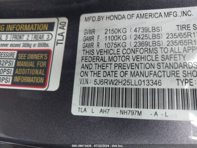 5J6RW2H25LL013346 Honda Cr-v Awd Lx