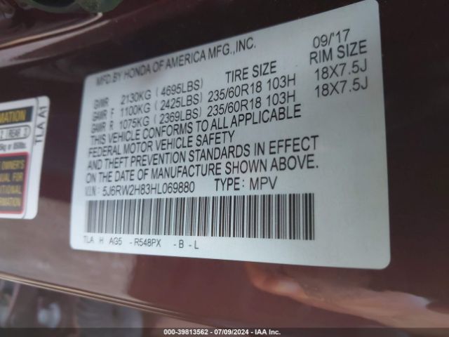 5J6RW2H83HL069880 Honda Cr-v Ex-l/ex-l Navi